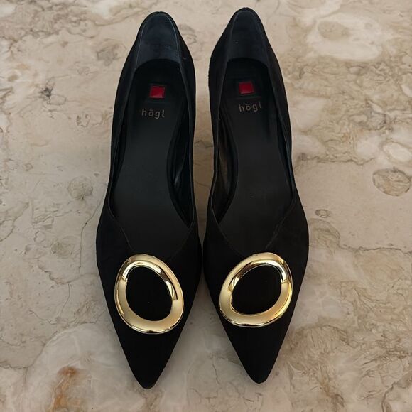 Hogl Suede Leather Kitten Heels Gold Tone Buckle 6-6.5 - Picture 3 of 13